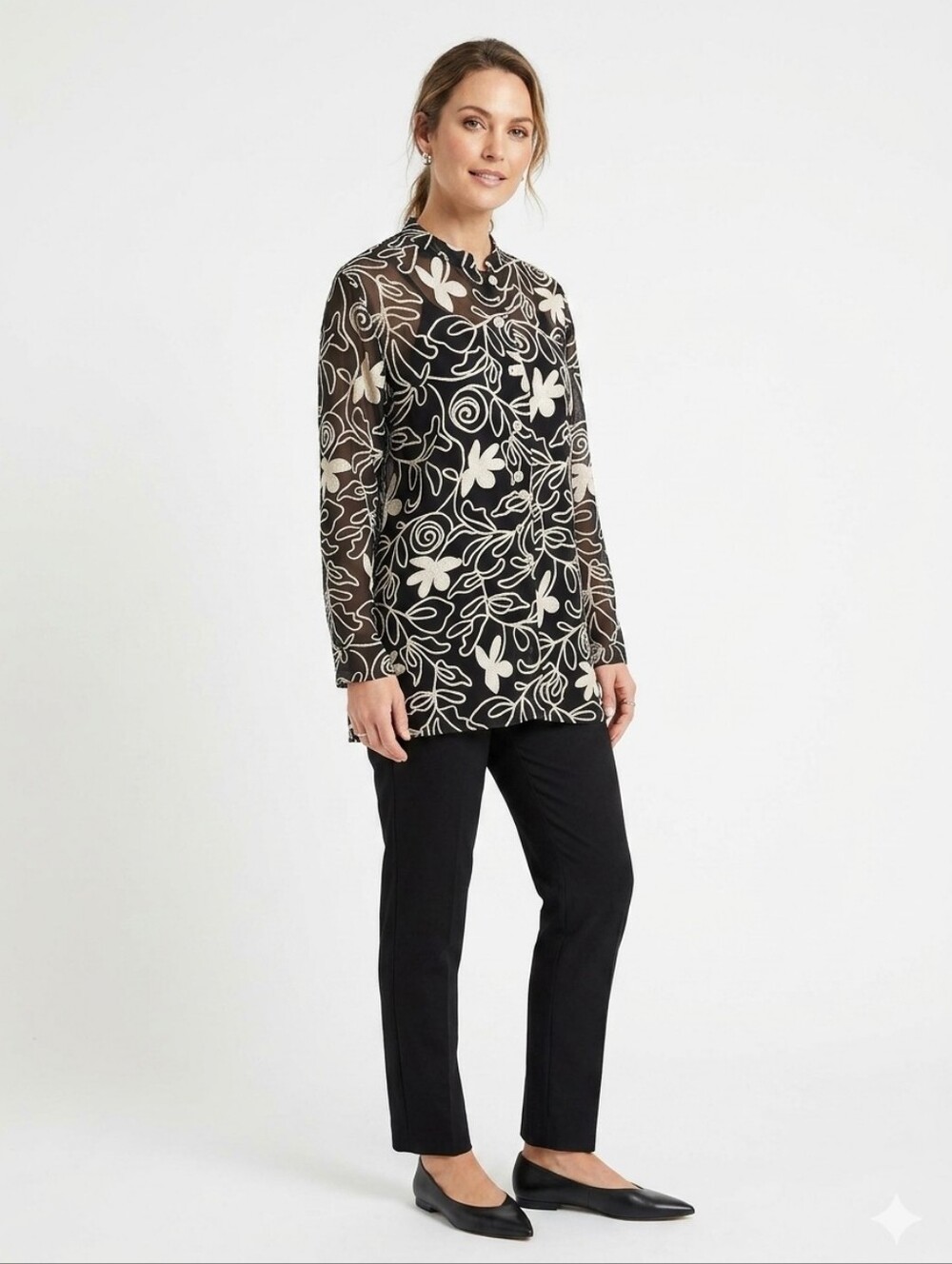 Black And Cream Long Sheer Tunic Top | Large